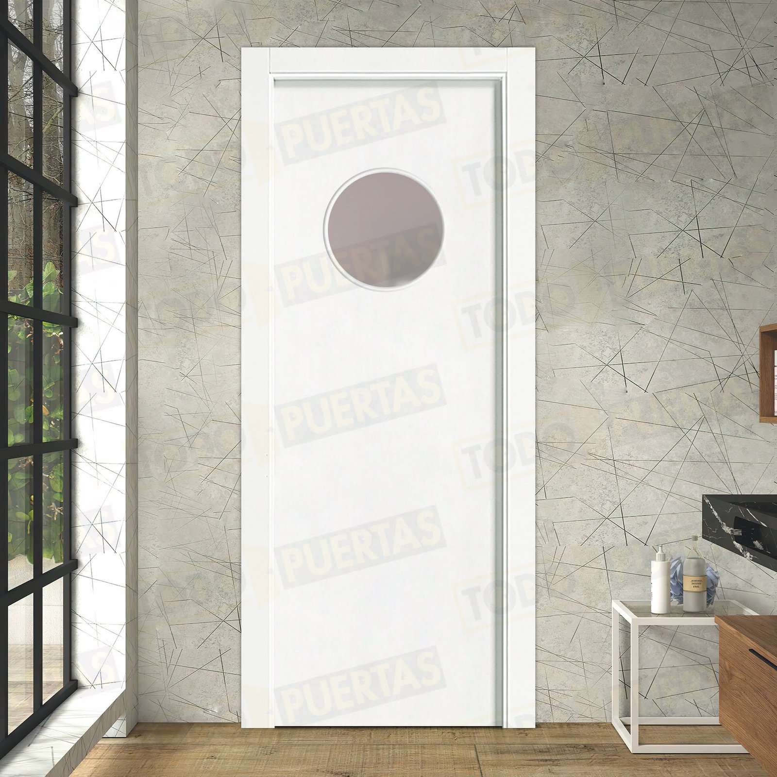 Puerta Vaivén Maciza Lacada Blanca Mod. Kenia Ojo de Buey